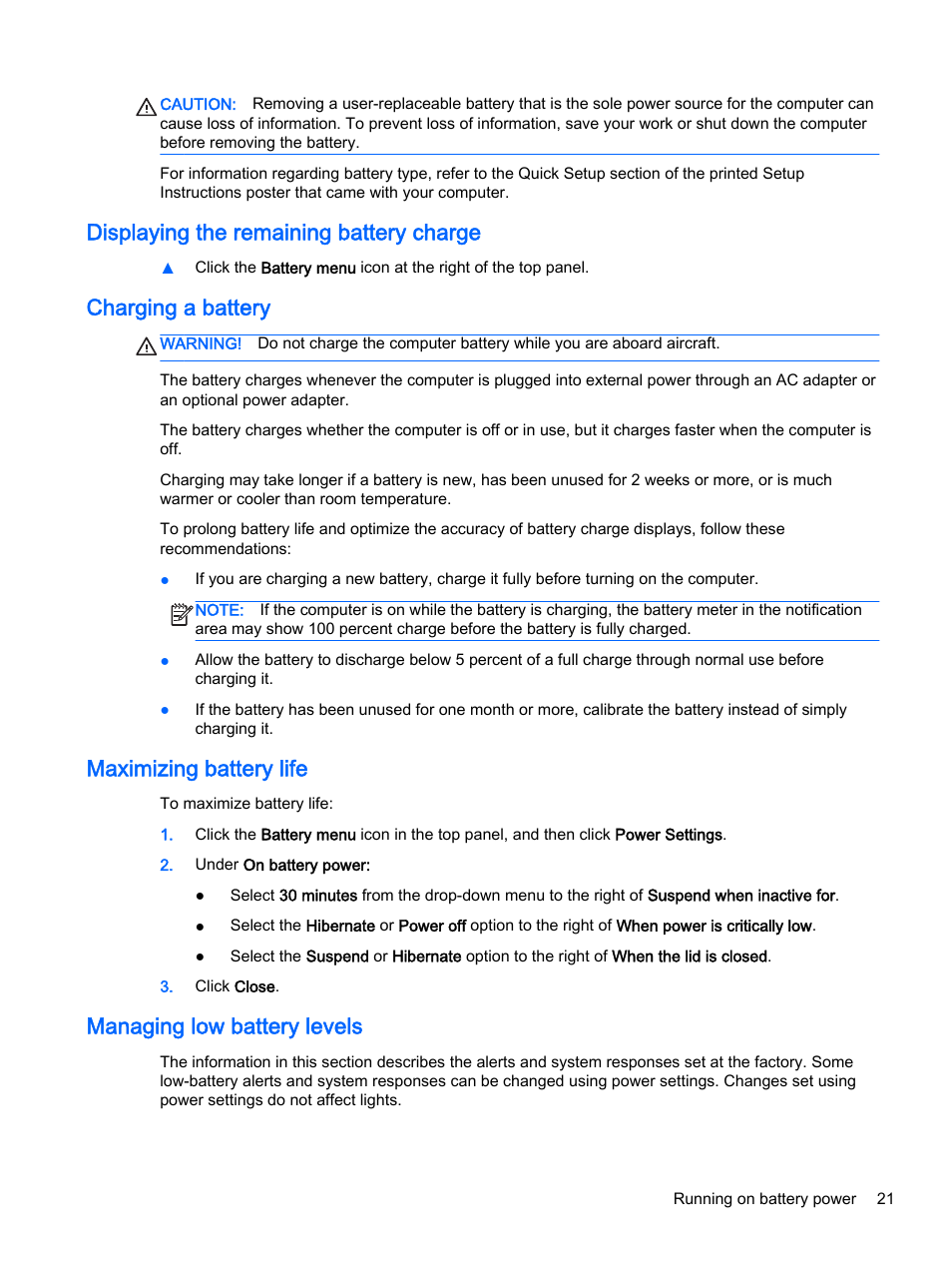 Displaying the remaining battery charge, Charging a battery, Maximizing battery life | Managing low battery levels | HP 15-d099nr TouchSmart Notebook PC User Manual | Page 29 / 59