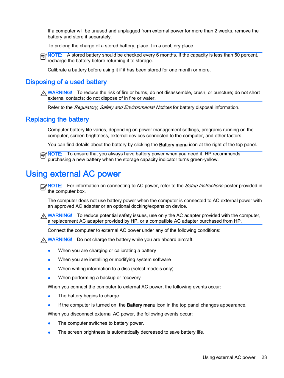 Disposing of a used battery, Replacing the battery, Using external ac power | Disposing of a used battery replacing the battery | HP 15-d099nr TouchSmart Notebook PC User Manual | Page 31 / 59