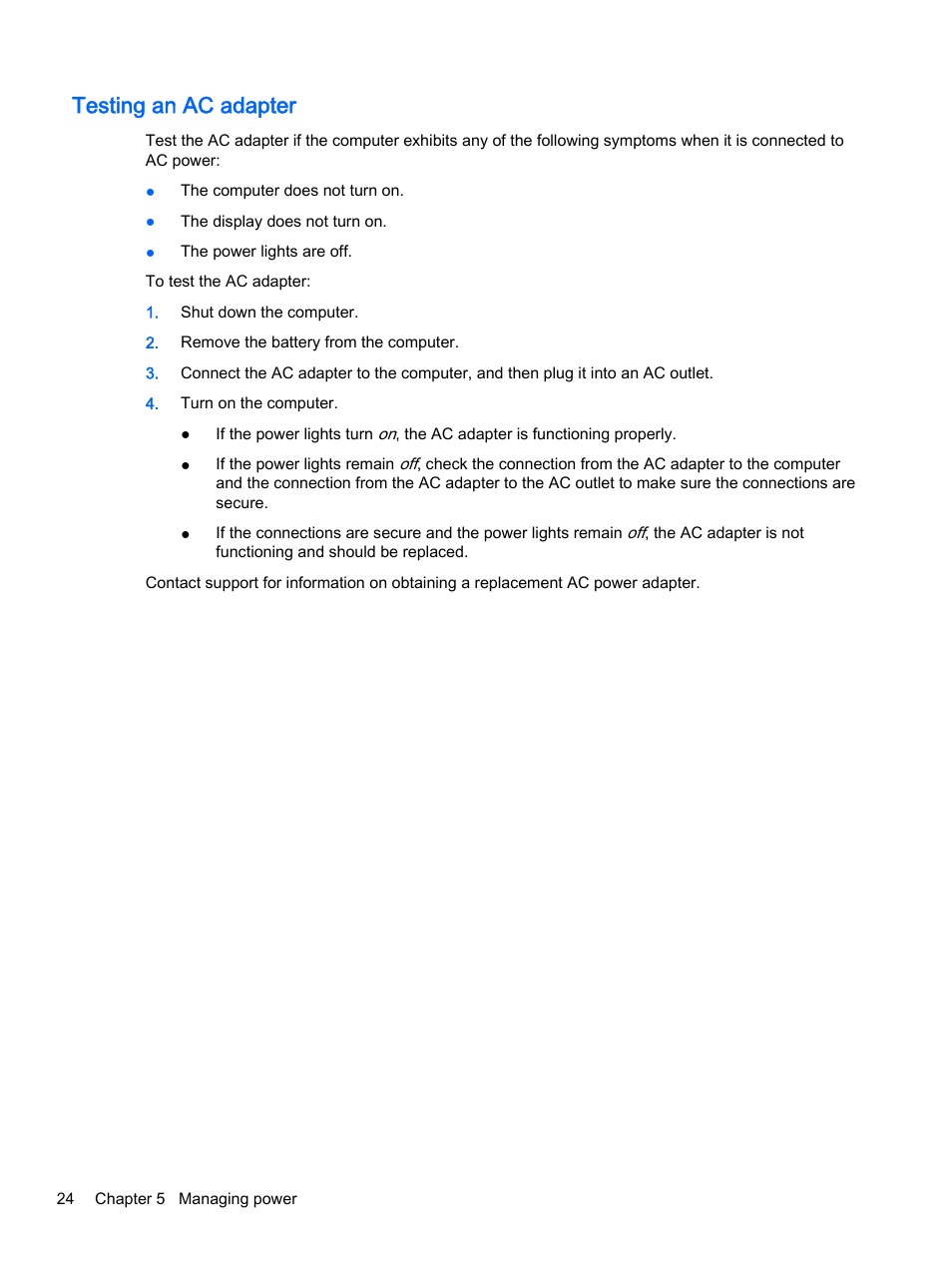 Testing an ac adapter | HP 15-d099nr TouchSmart Notebook PC User Manual | Page 32 / 59