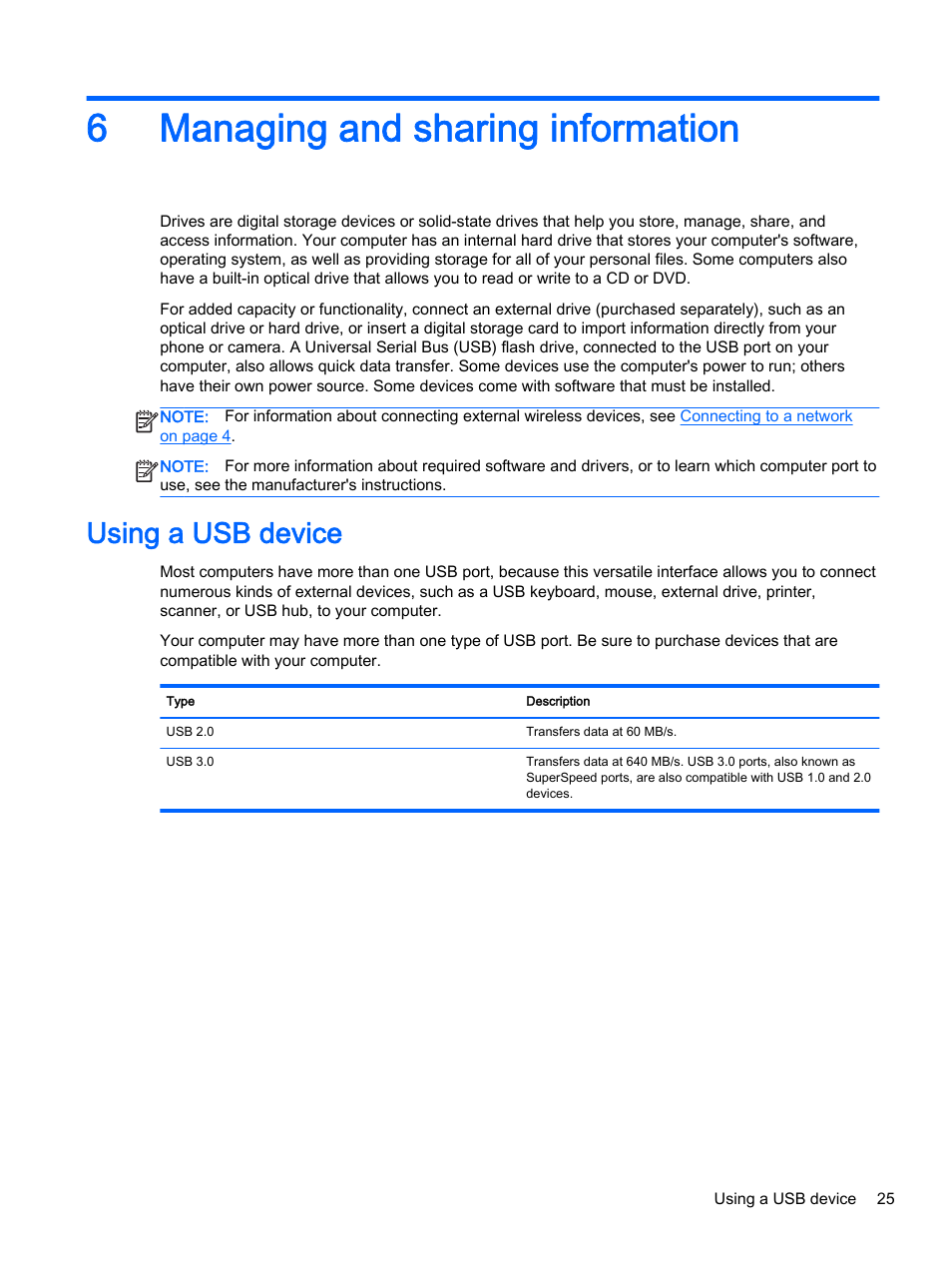 Managing and sharing information, Using a usb device, 6 managing and sharing information | 6managing and sharing information | HP 15-d099nr TouchSmart Notebook PC User Manual | Page 33 / 59