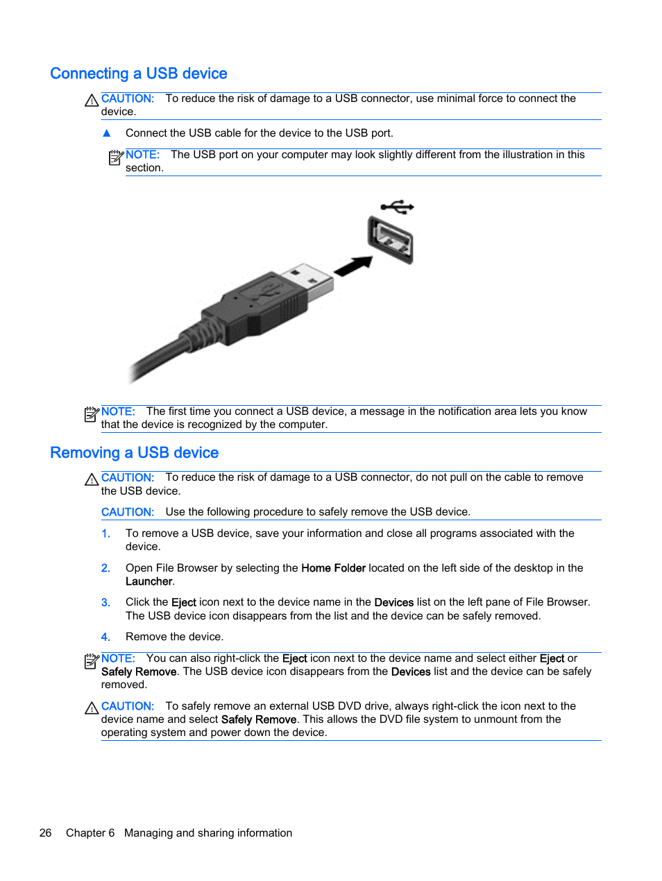 Connecting a usb device, Removing a usb device, Connecting a usb device removing a usb device | HP 15-d099nr TouchSmart Notebook PC User Manual | Page 34 / 59