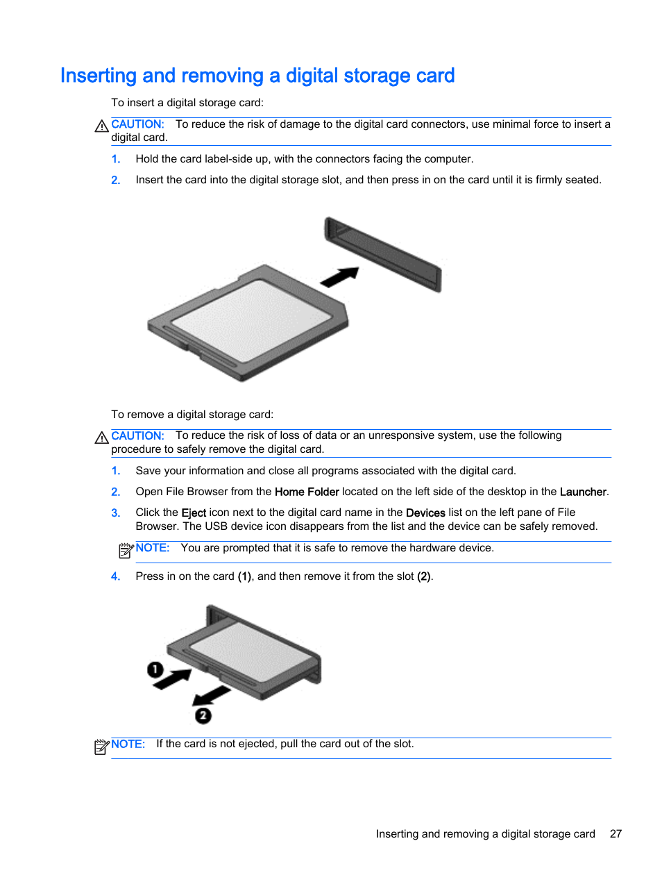 Inserting and removing a digital storage card | HP 15-d099nr TouchSmart Notebook PC User Manual | Page 35 / 59