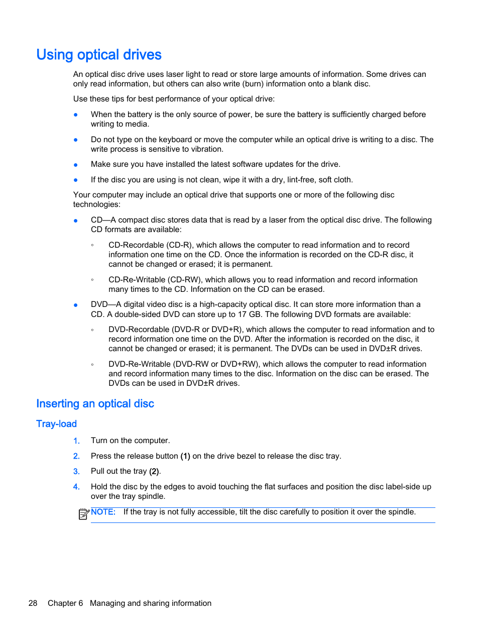 Using optical drives, Inserting an optical disc, Tray-load | HP 15-d099nr TouchSmart Notebook PC User Manual | Page 36 / 59