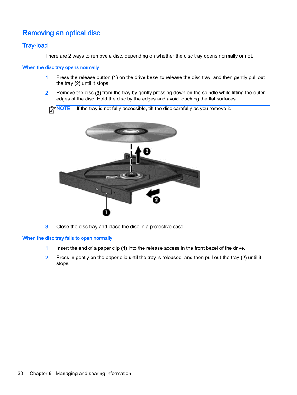 Removing an optical disc, Tray-load, When the disc tray opens normally | When the disc tray fails to open normally | HP 15-d099nr TouchSmart Notebook PC User Manual | Page 38 / 59