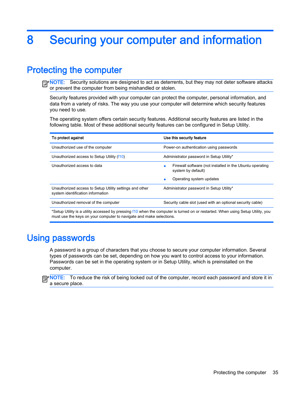 Securing your computer and information, Protecting the computer, Using passwords | 8 securing your computer and information, Protecting the computer using passwords, 8securing your computer and information | HP 15-d099nr TouchSmart Notebook PC User Manual | Page 43 / 59