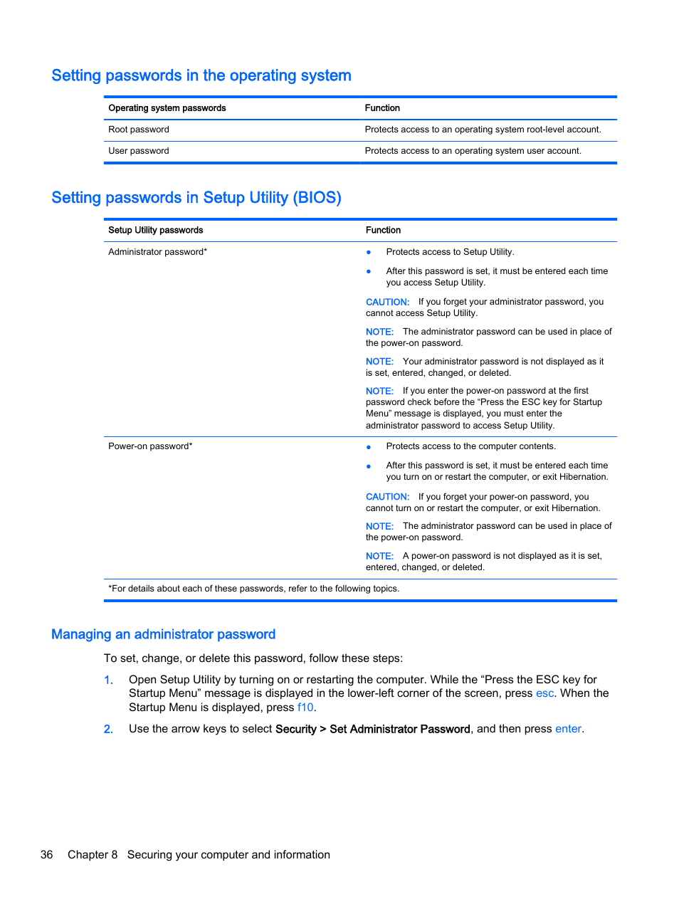 Setting passwords in the operating system, Setting passwords in setup utility (bios), Managing an administrator password | HP 15-d099nr TouchSmart Notebook PC User Manual | Page 44 / 59