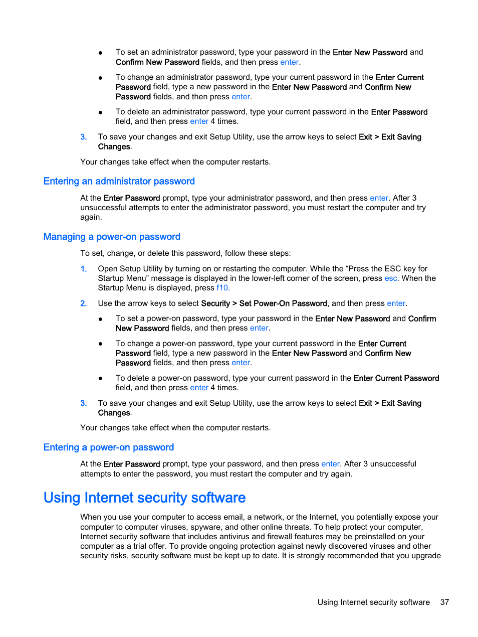 Entering an administrator password, Managing a power-on password, Entering a power-on password | Using internet security software | HP 15-d099nr TouchSmart Notebook PC User Manual | Page 45 / 59