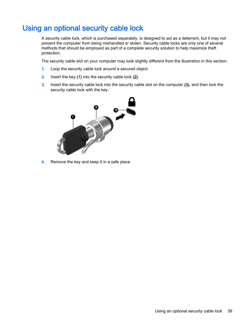 Using an optional security cable lock | HP 15-d099nr TouchSmart Notebook PC User Manual | Page 47 / 59