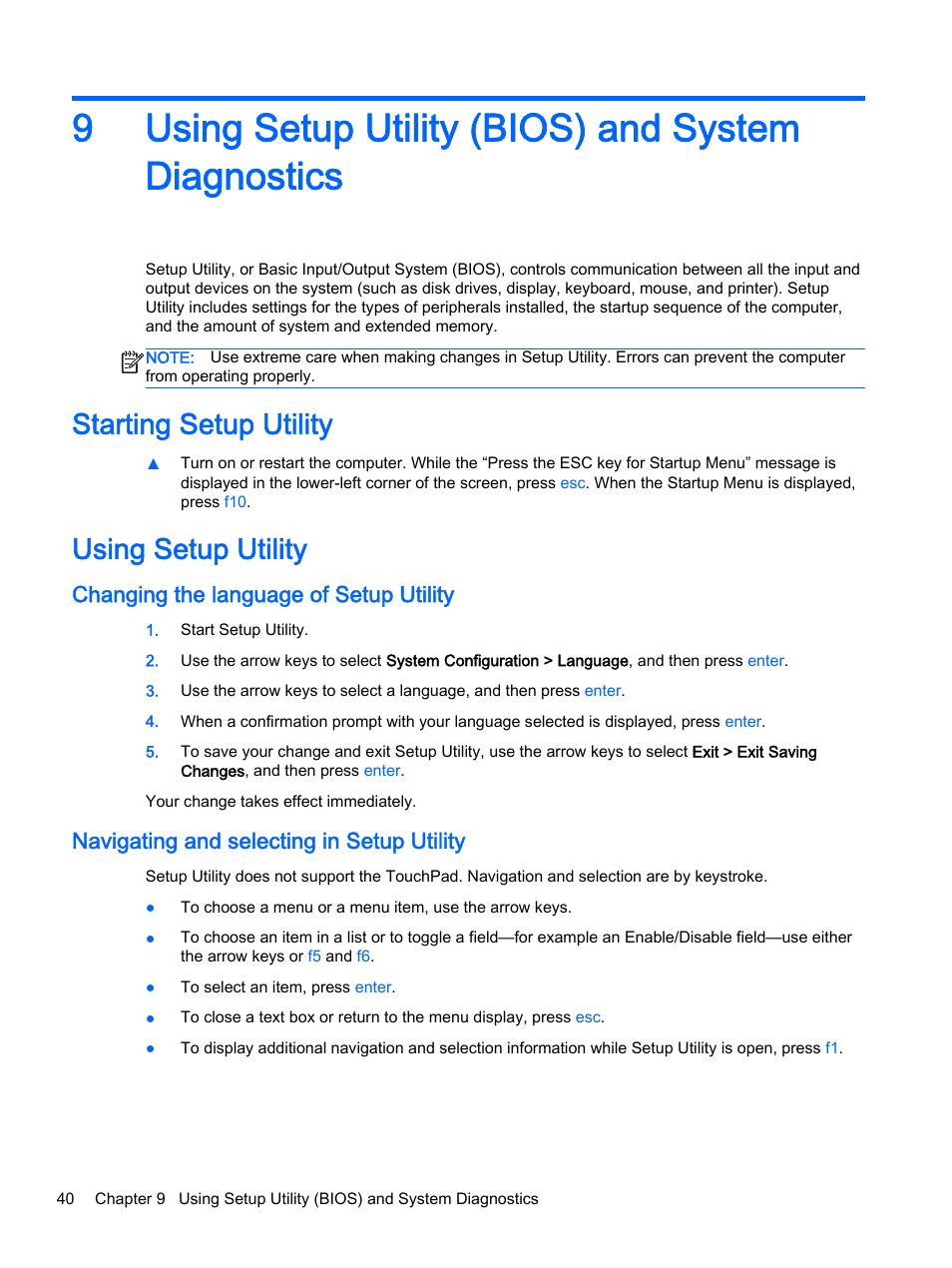 Using setup utility (bios) and system diagnostics, Starting setup utility, Using setup utility | Changing the language of setup utility, Navigating and selecting in setup utility, 9using setup utility (bios) and system diagnostics | HP 15-d099nr TouchSmart Notebook PC User Manual | Page 48 / 59