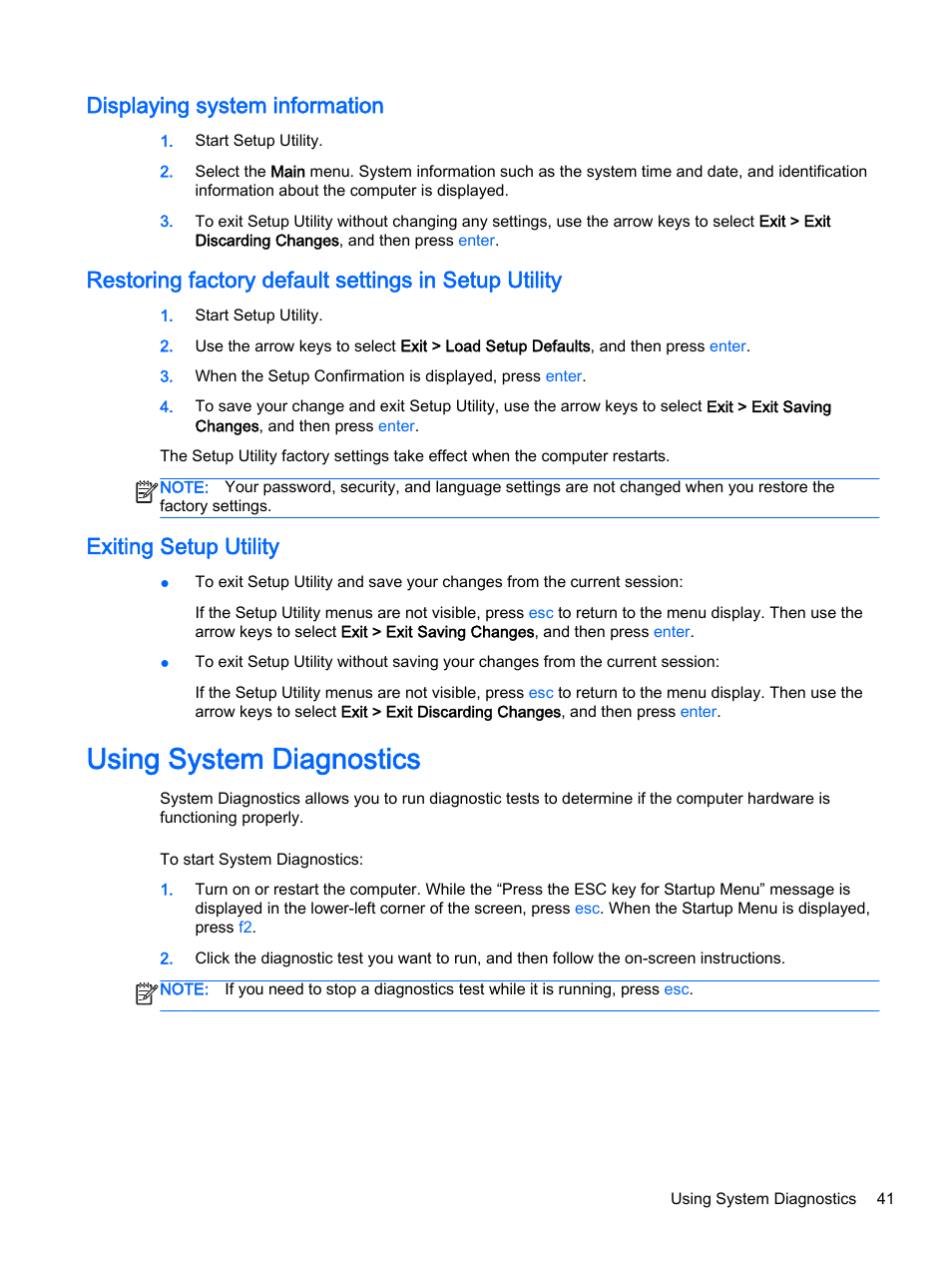 Displaying system information, Exiting setup utility, Using system diagnostics | HP 15-d099nr TouchSmart Notebook PC User Manual | Page 49 / 59