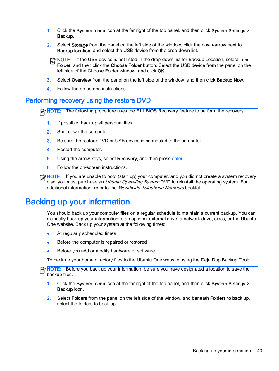 Performing recovery using the restore dvd, Backing up your information | HP 15-d099nr TouchSmart Notebook PC User Manual | Page 51 / 59
