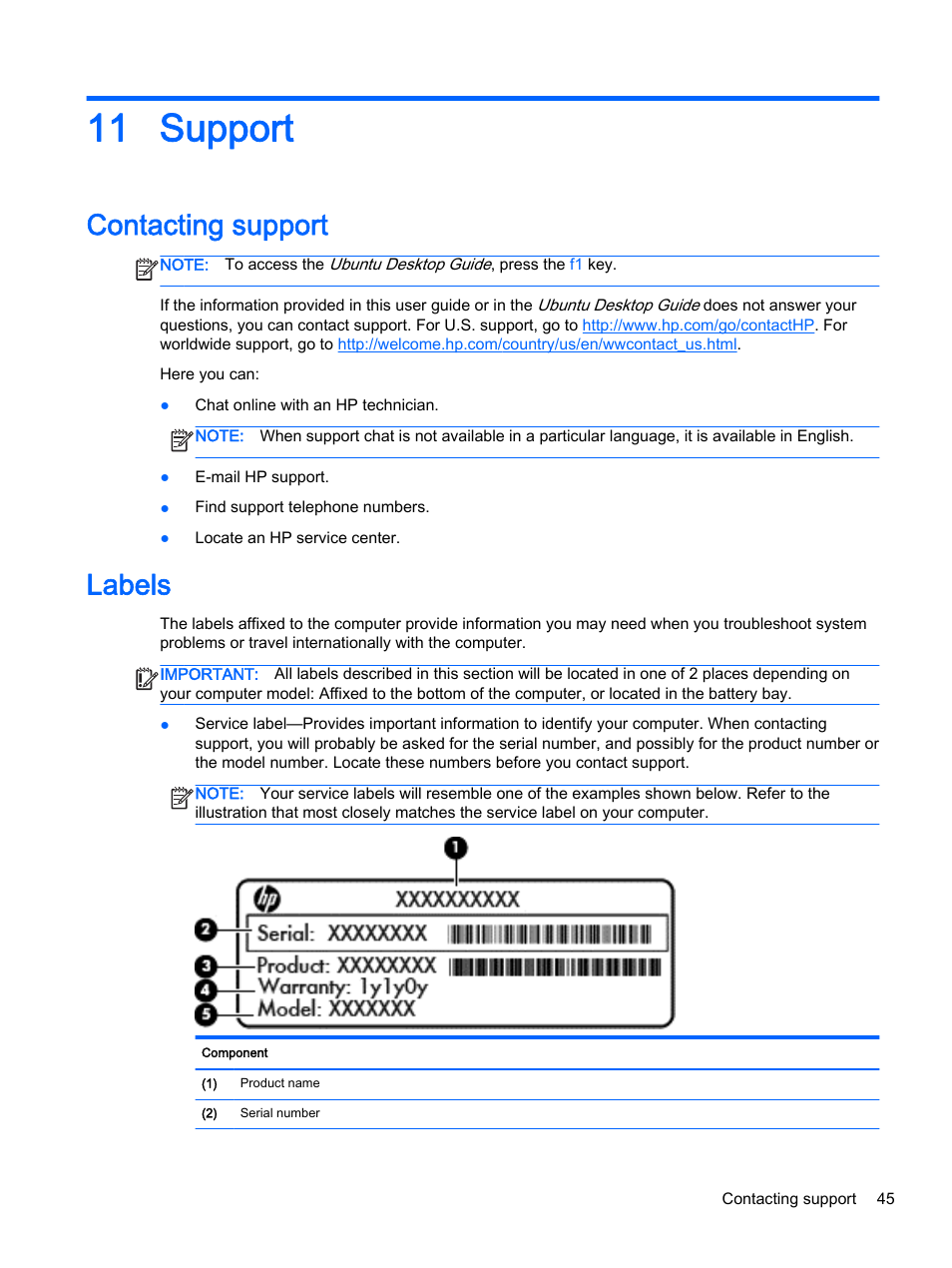 Support, Contacting support, Labels | 11 support, Contacting support labels | HP 15-d099nr TouchSmart Notebook PC User Manual | Page 53 / 59