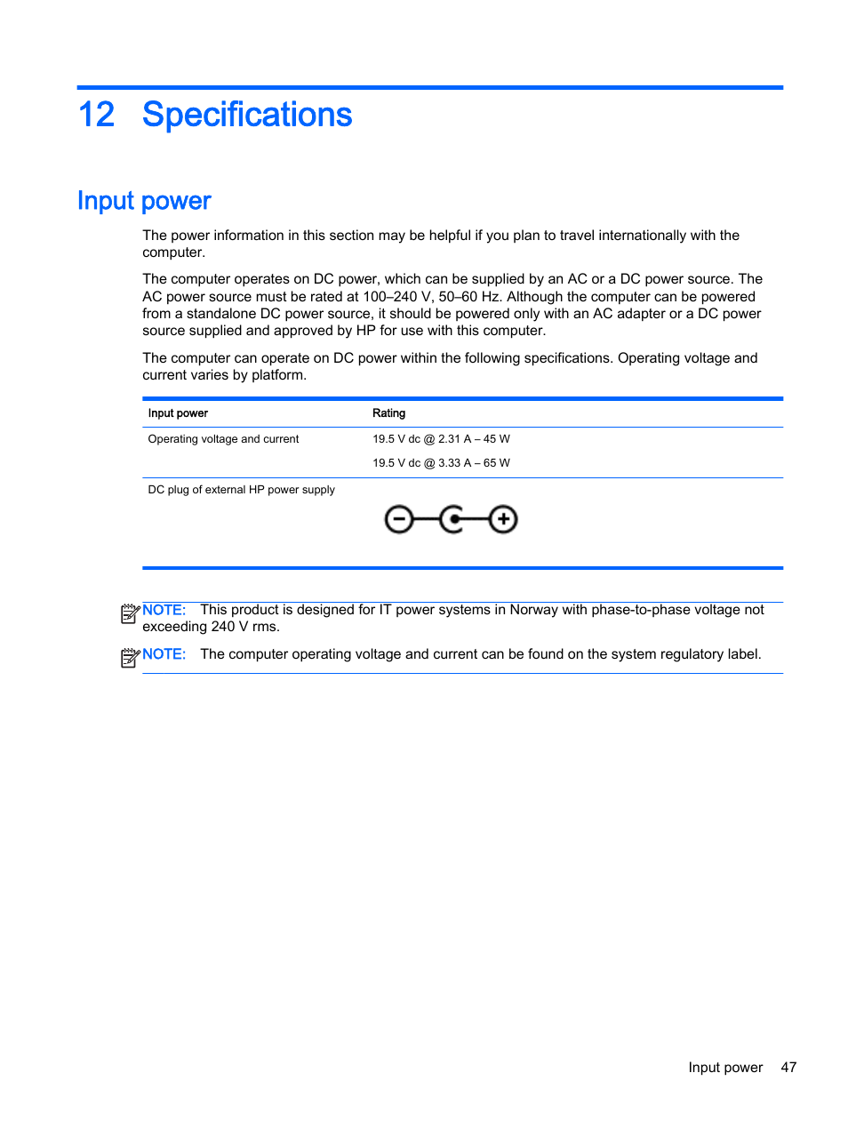 Specifications, Input power, 12 specifications | HP 15-d099nr TouchSmart Notebook PC User Manual | Page 55 / 59
