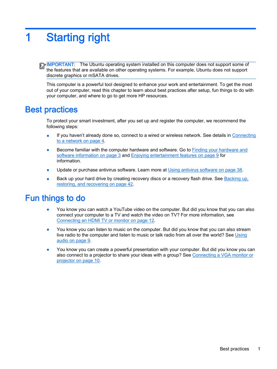 Starting right, Best practices, Fun things to do | 1 starting right, Best practices fun things to do, 1starting right | HP 15-d099nr TouchSmart Notebook PC User Manual | Page 9 / 59