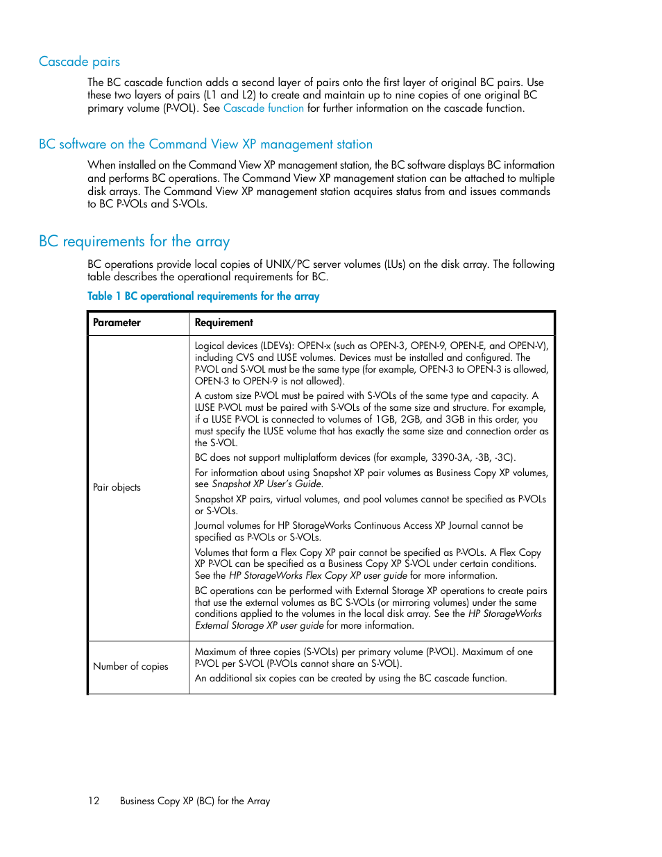 Cascade pairs, Bc requirements for the array, Bc operational requirements for the array | HP XP Business Copy Software User Manual | Page 12 / 98