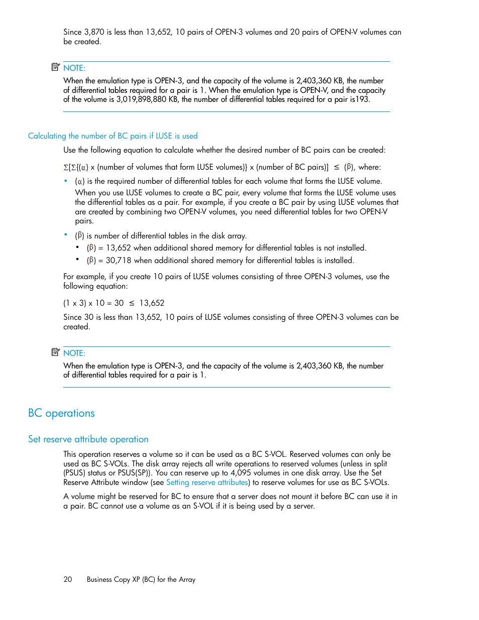 Calculating the number of bc pairs if luse is used, Bc operations, Set reserve attribute operation | HP XP Business Copy Software User Manual | Page 20 / 98