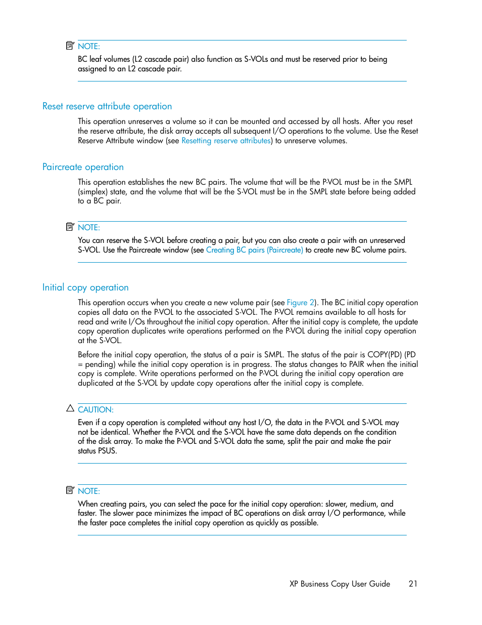 Reset reserve attribute operation, Paircreate operation, Initial copy operation | 21 paircreate operation, 21 initial copy operation | HP XP Business Copy Software User Manual | Page 21 / 98