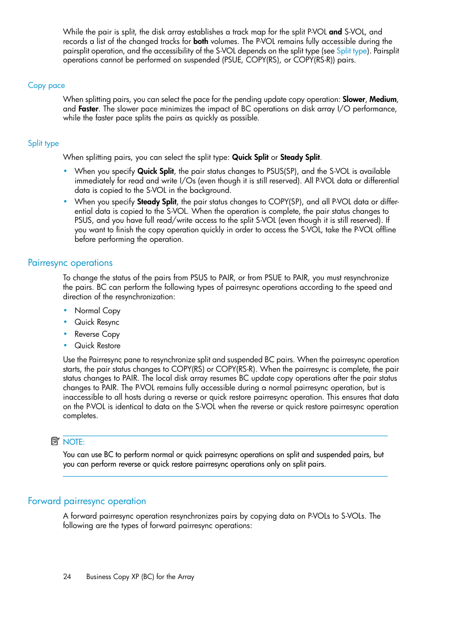 Copy pace, Split type, Pairresync operations | Forward pairresync operation, 24 forward pairresync operation | HP XP Business Copy Software User Manual | Page 24 / 98