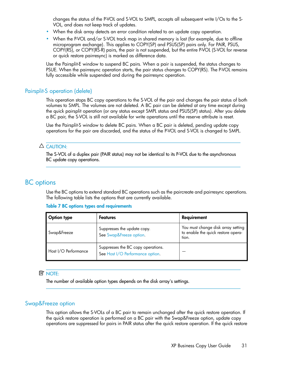 Pairsplit-s operation (delete), Bc options, Swap&freeze option | Bc options types and requirements | HP XP Business Copy Software User Manual | Page 31 / 98