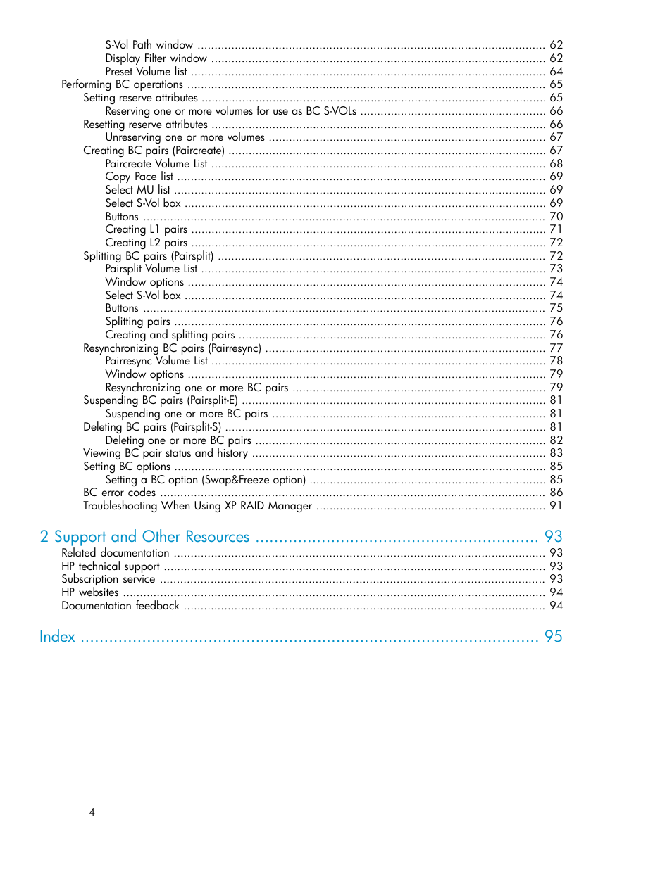 2 support and other resources, Index | HP XP Business Copy Software User Manual | Page 4 / 98