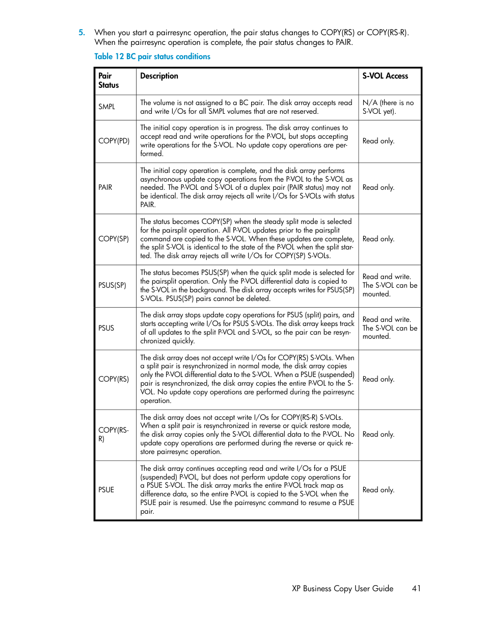 Bc pair status conditions | HP XP Business Copy Software User Manual | Page 41 / 98