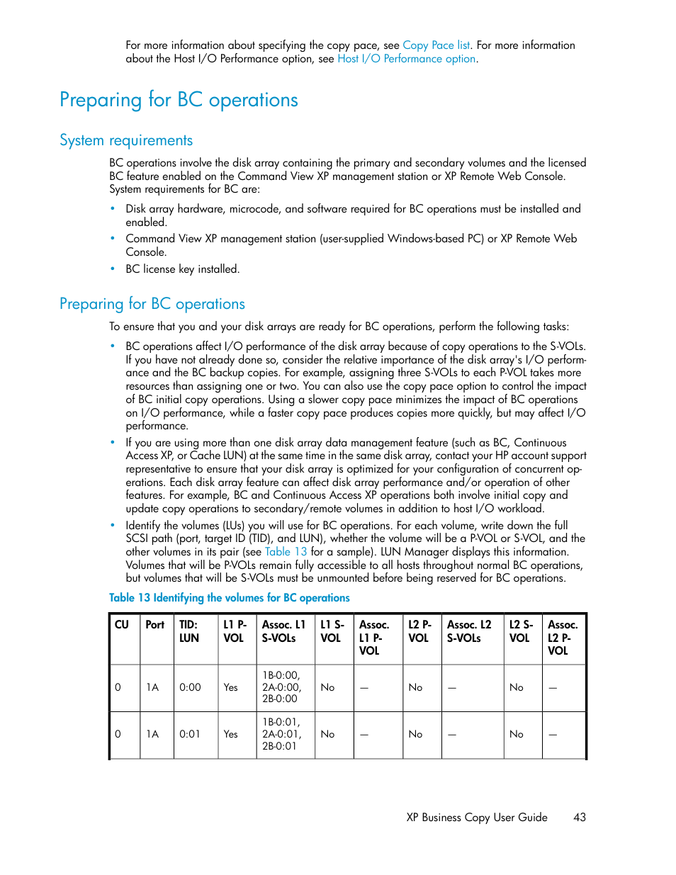 Preparing for bc operations, System requirements, 43 preparing for bc operations | Identifying the volumes for bc operations | HP XP Business Copy Software User Manual | Page 43 / 98