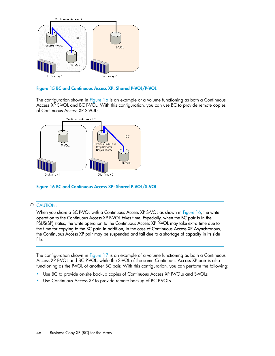 Bc and continuous access xp: shared p-vol/p-vol, Bc and continuous access xp: shared p-vol/s-vol | HP XP Business Copy Software User Manual | Page 46 / 98