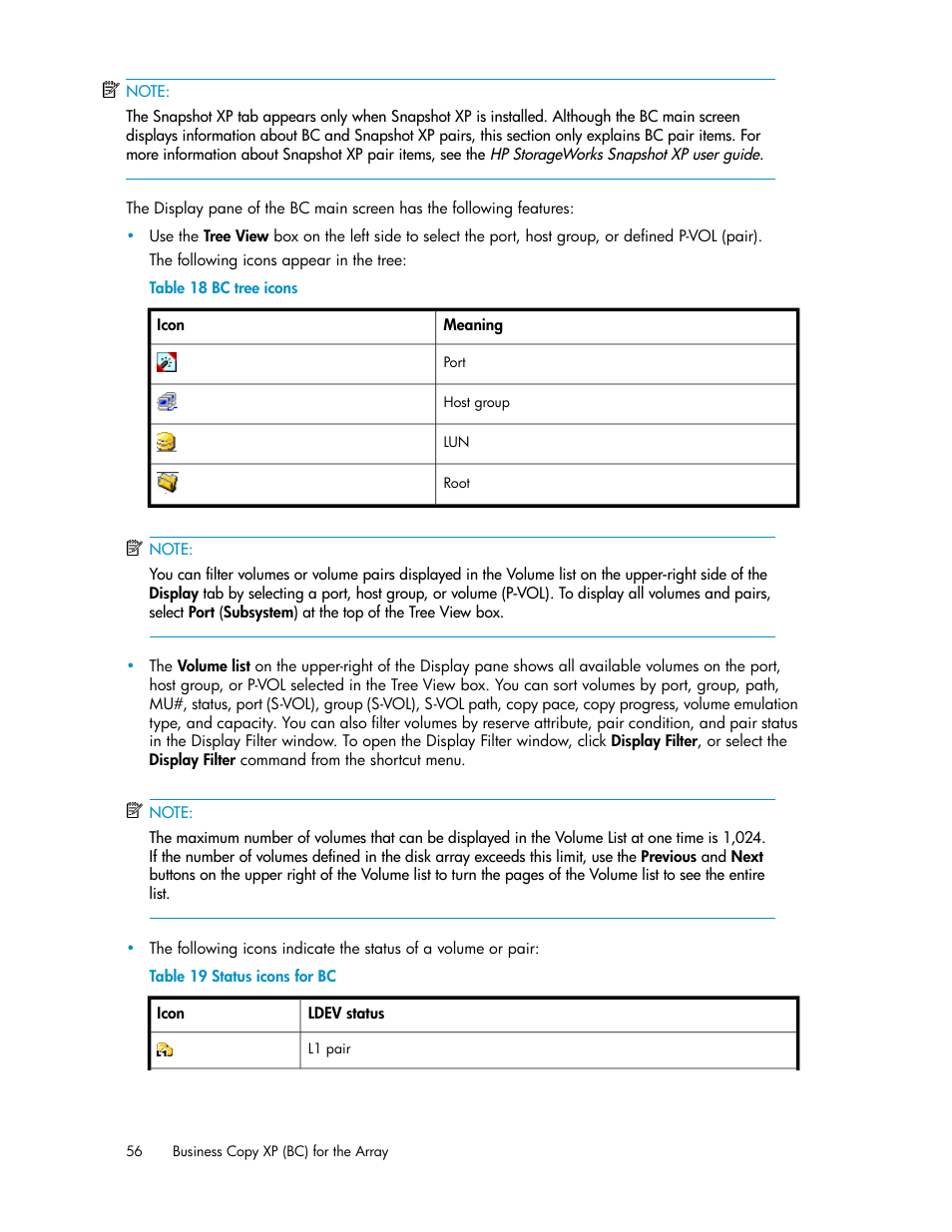 Bc tree icons, Status icons for bc | HP XP Business Copy Software User Manual | Page 56 / 98