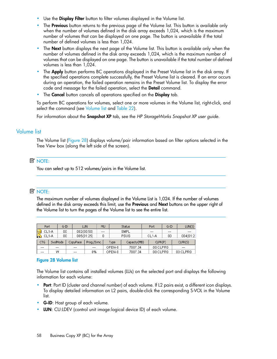 Volume list | HP XP Business Copy Software User Manual | Page 58 / 98