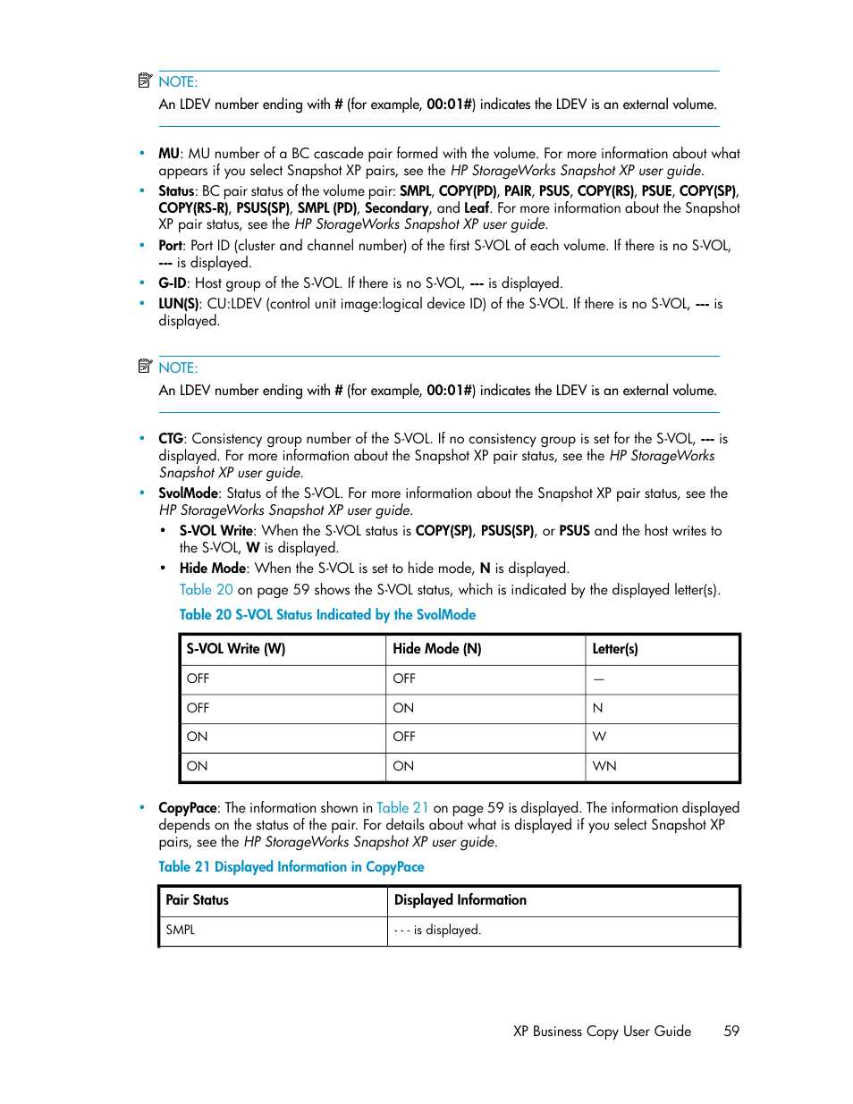 S-vol status indicated by the svolmode, Displayed information in copypace | HP XP Business Copy Software User Manual | Page 59 / 98