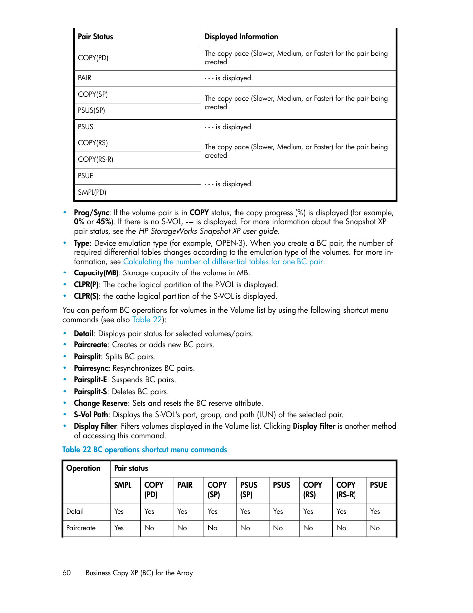 Bc operations shortcut menu commands, Table 22 | HP XP Business Copy Software User Manual | Page 60 / 98
