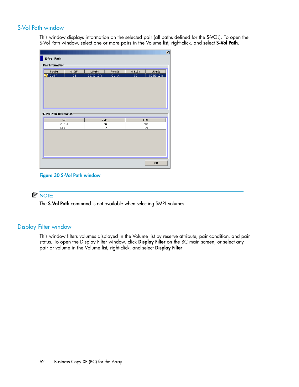 S-vol path window, Display filter window, 62 display filter window | HP XP Business Copy Software User Manual | Page 62 / 98