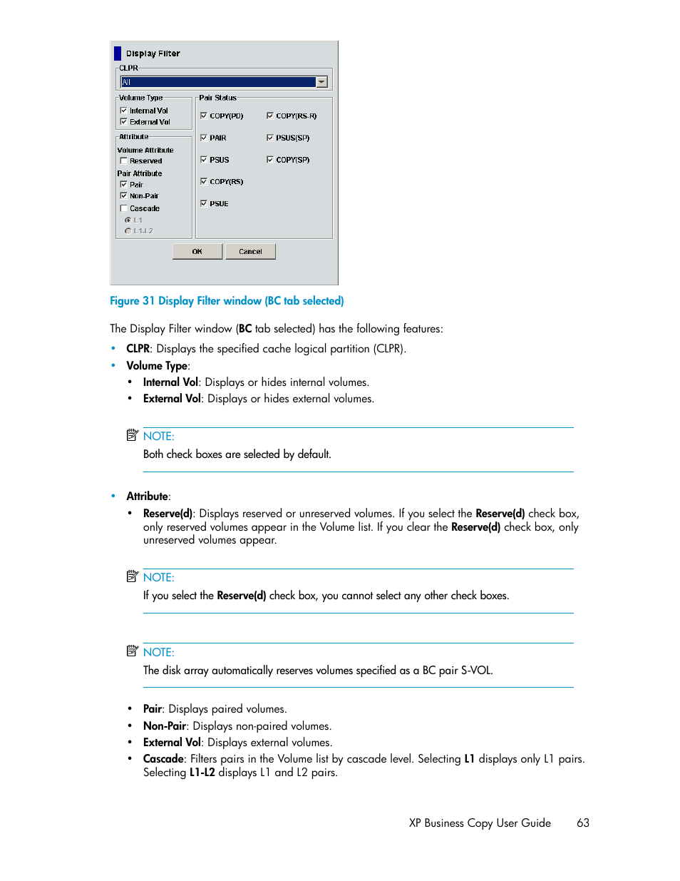 Display filter window (bc tab selected) | HP XP Business Copy Software User Manual | Page 63 / 98