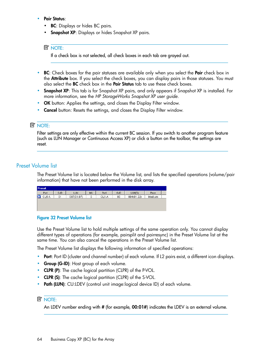 Preset volume list | HP XP Business Copy Software User Manual | Page 64 / 98