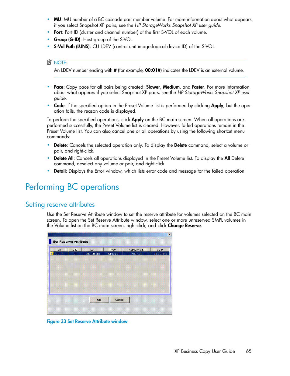 Performing bc operations, Setting reserve attributes, Set reserve attribute window | HP XP Business Copy Software User Manual | Page 65 / 98