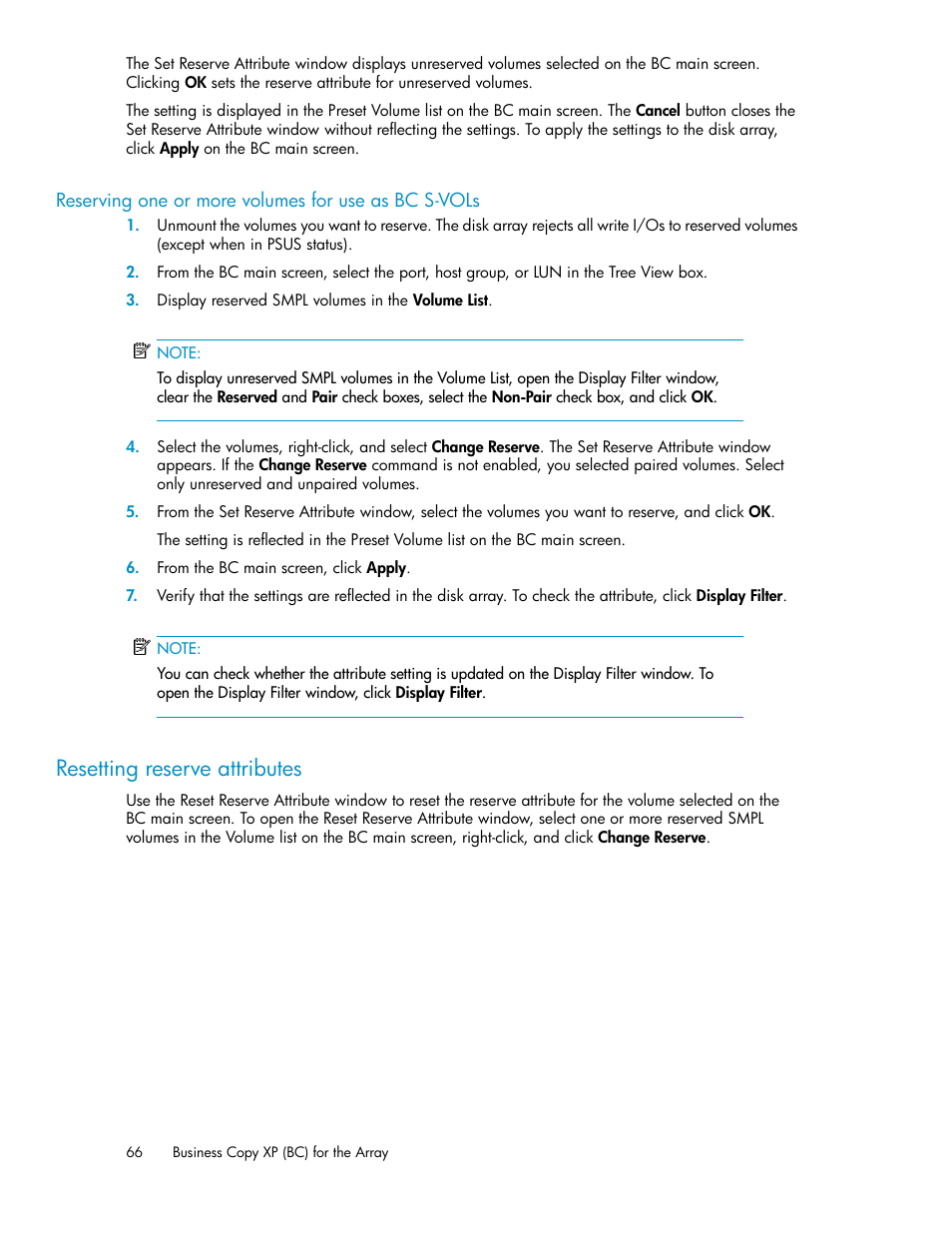 Reserving one or more volumes for use as bc s-vols, Resetting reserve attributes | HP XP Business Copy Software User Manual | Page 66 / 98