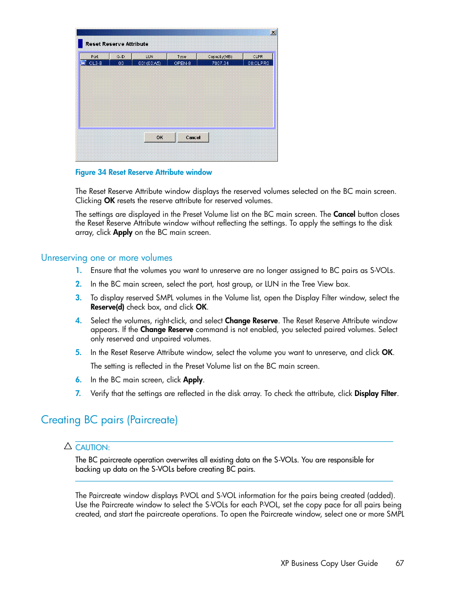 Unreserving one or more volumes, Creating bc pairs (paircreate), Reset reserve attribute window | HP XP Business Copy Software User Manual | Page 67 / 98