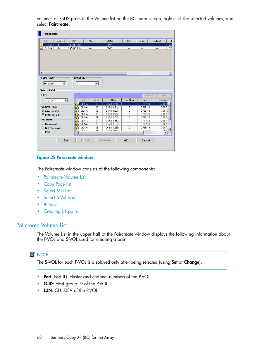 Paircreate volume list, Paircreate window | HP XP Business Copy Software User Manual | Page 68 / 98