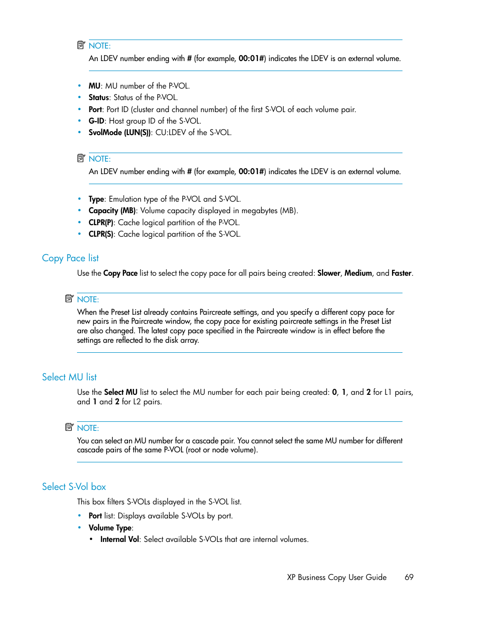 Copy pace list, Select mu list, Select s-vol box | 69 select mu list, 69 select s-vol box | HP XP Business Copy Software User Manual | Page 69 / 98