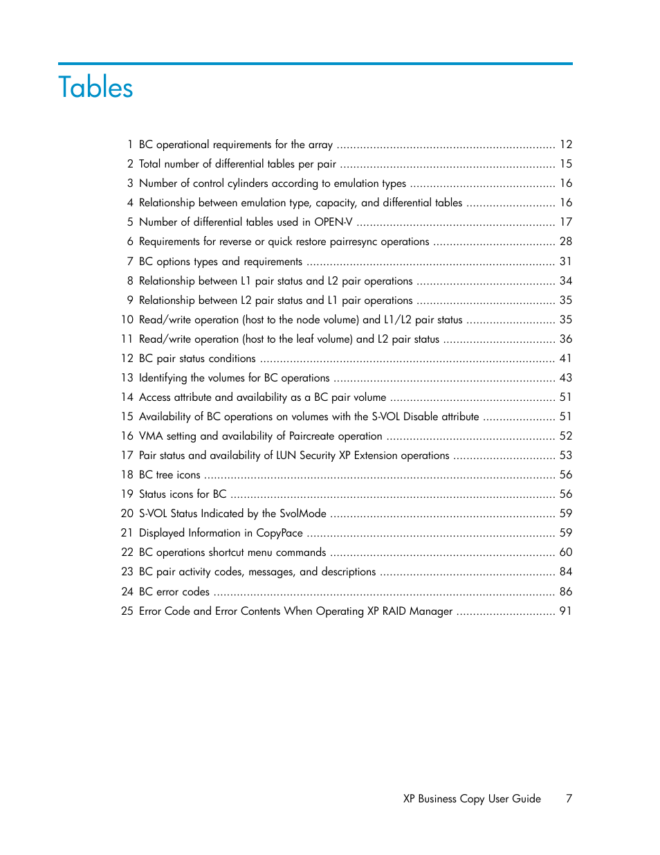 Tables | HP XP Business Copy Software User Manual | Page 7 / 98