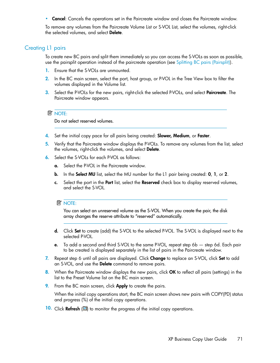 Creating l1 pairs | HP XP Business Copy Software User Manual | Page 71 / 98