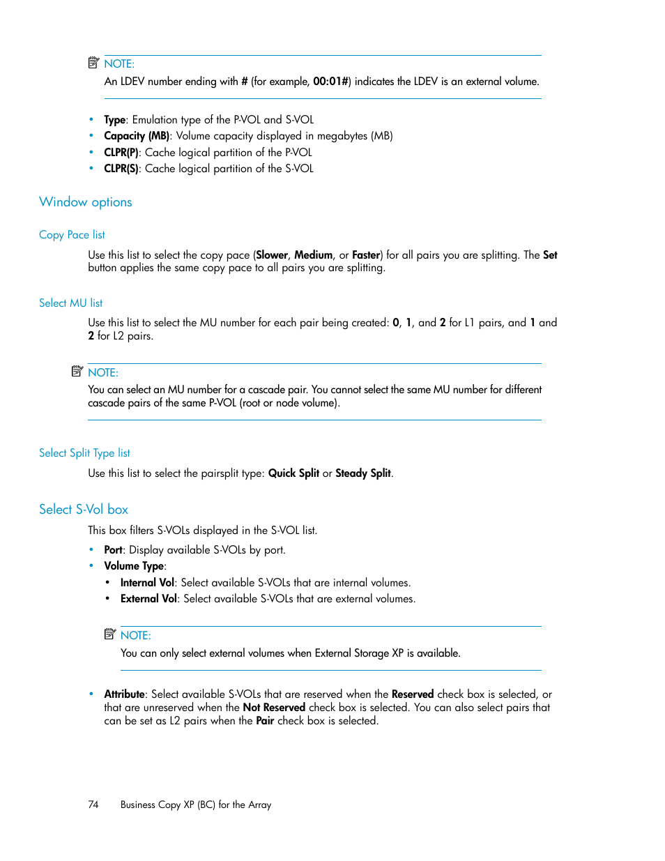 Window options, Copy pace list, Select mu list | Select split type list, Select s-vol box, 74 select s-vol box | HP XP Business Copy Software User Manual | Page 74 / 98