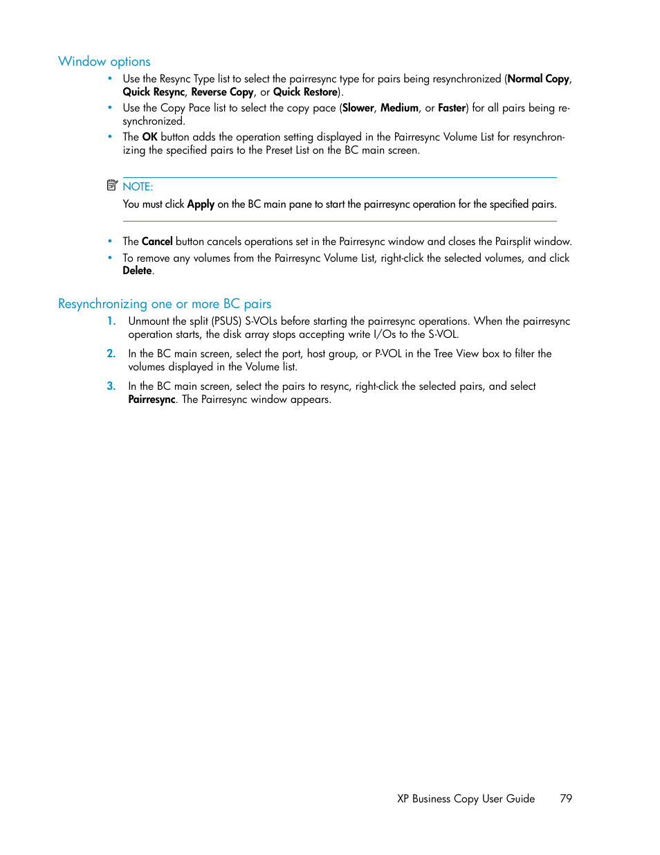 Window options, Resynchronizing one or more bc pairs, 79 resynchronizing one or more bc pairs | HP XP Business Copy Software User Manual | Page 79 / 98