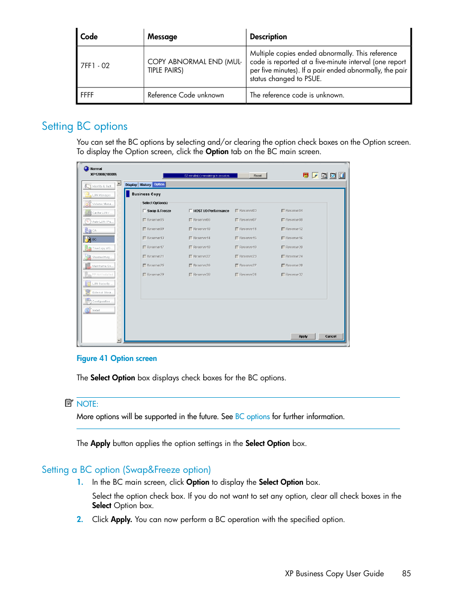 Setting bc options, Setting a bc option (swap&freeze option), Option screen | HP XP Business Copy Software User Manual | Page 85 / 98