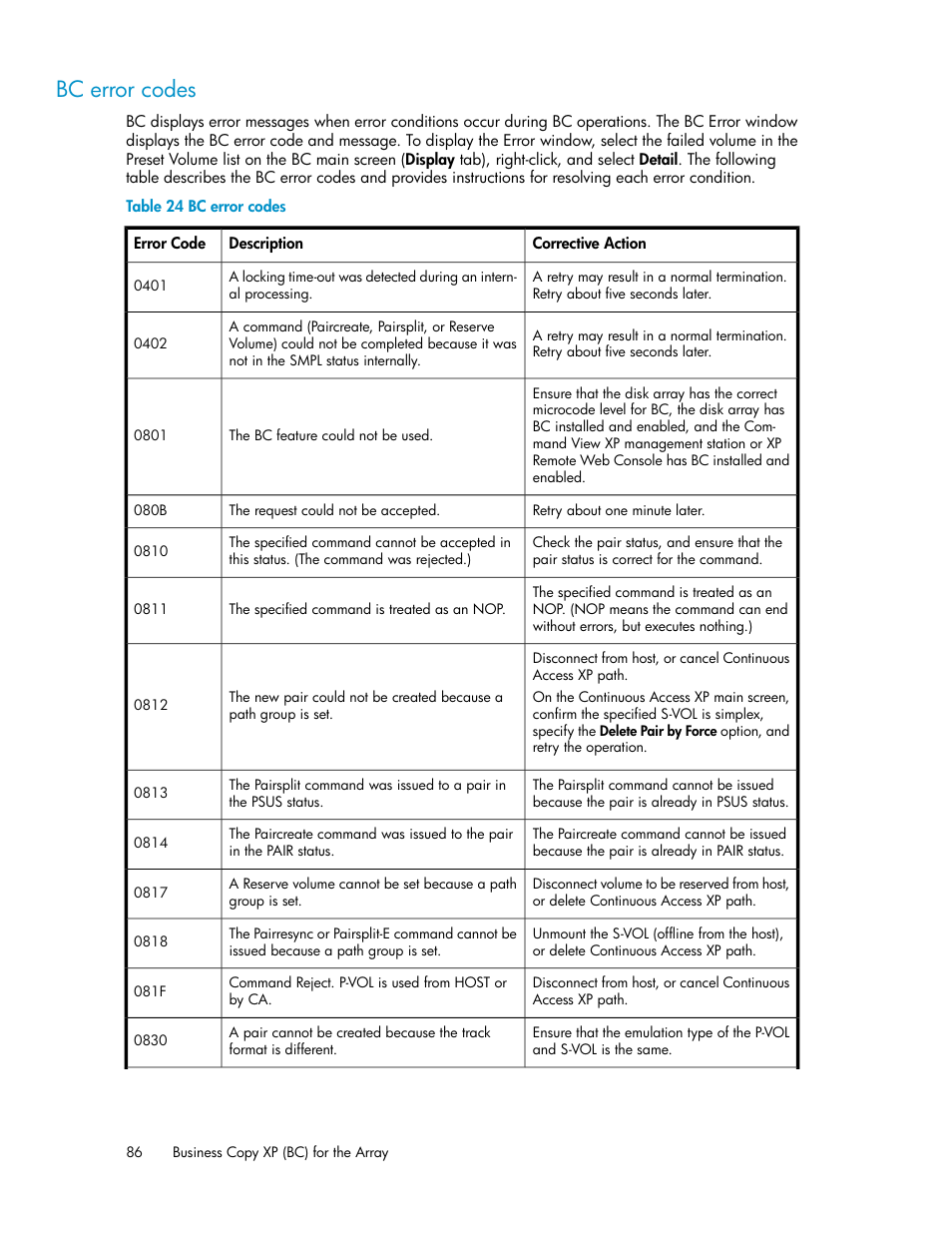 Bc error codes | HP XP Business Copy Software User Manual | Page 86 / 98