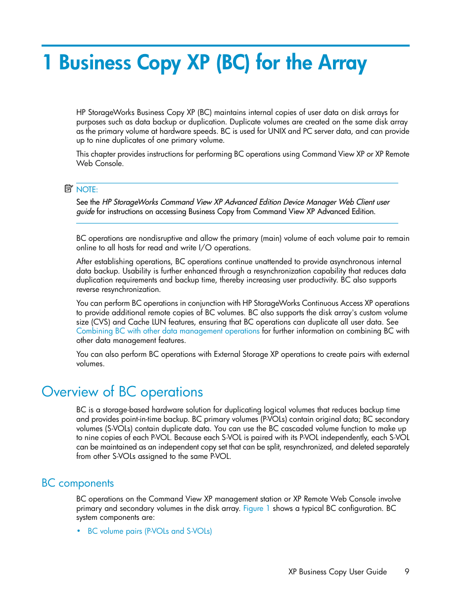 1 business copy xp (bc) for the array, Overview of bc operations, Bc components | HP XP Business Copy Software User Manual | Page 9 / 98