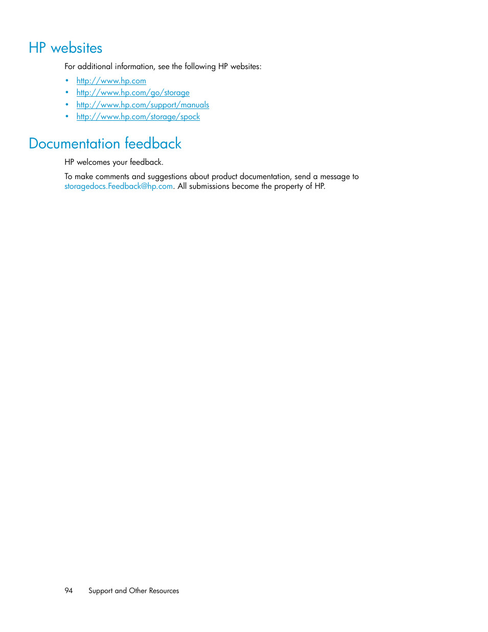 Hp websites, Documentation feedback, 94 documentation feedback | HP XP Business Copy Software User Manual | Page 94 / 98