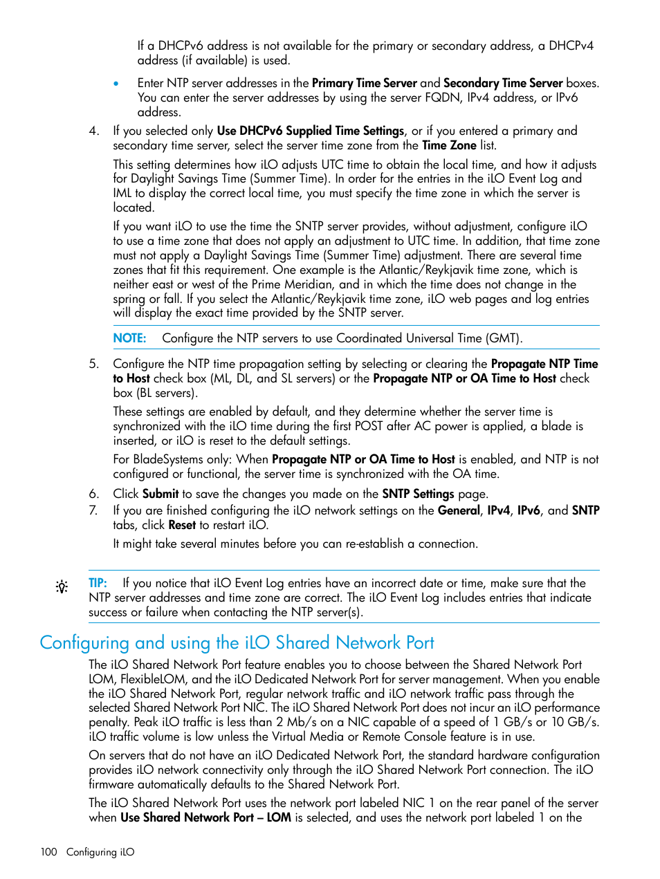 Configuring and using the ilo shared network port, Configuring and using | HP Integrated Lights-Out 4 User Manual | Page 100 / 356