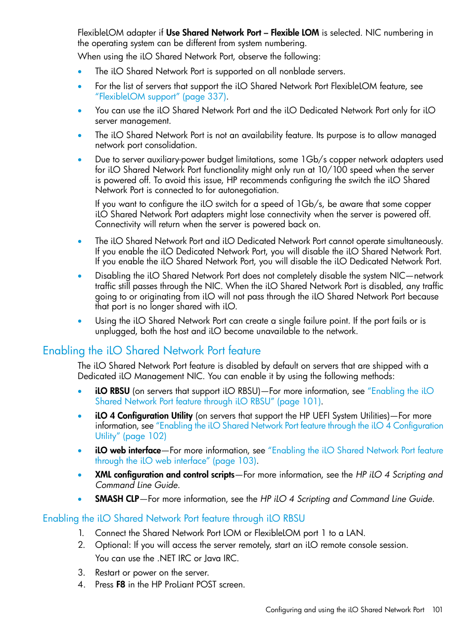 Enabling the ilo shared network port feature | HP Integrated Lights-Out 4 User Manual | Page 101 / 356