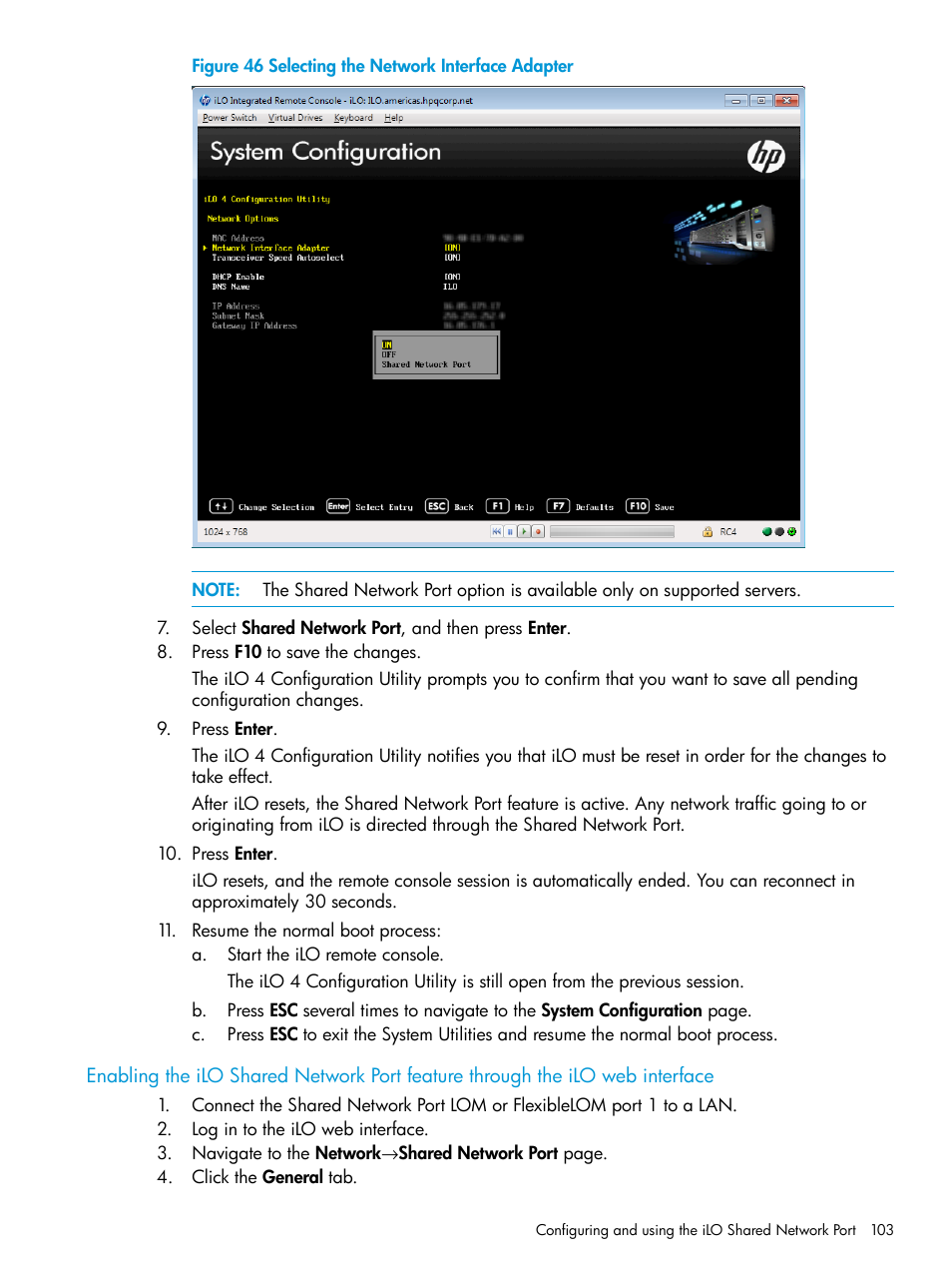 Enabling the ilo shared network port feature | HP Integrated Lights-Out 4 User Manual | Page 103 / 356